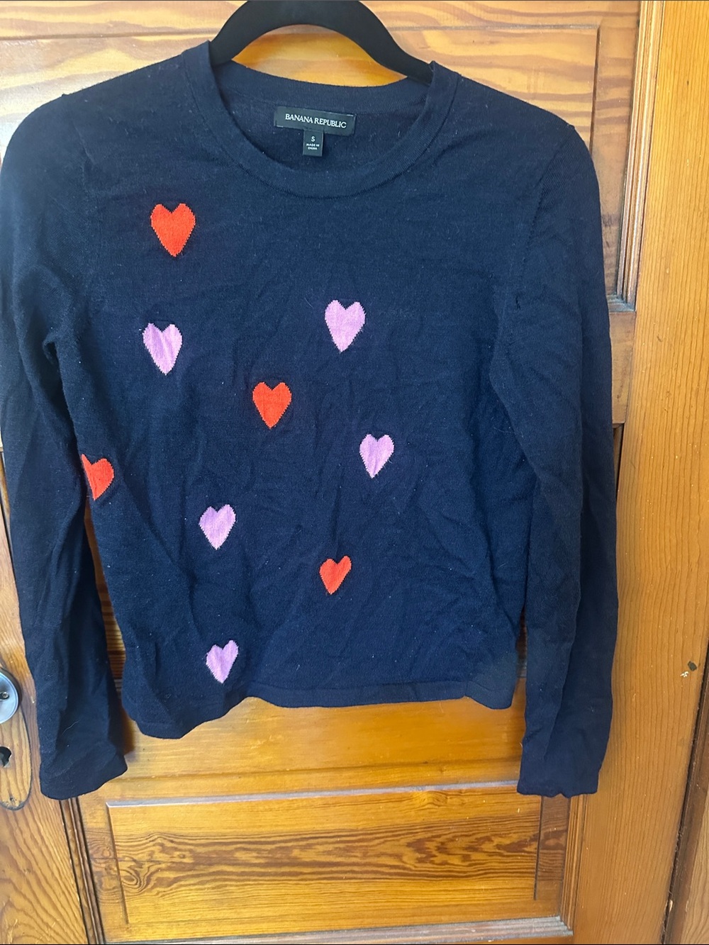 Banana Republic Navy Crewneck Sweater with Red & Pink Heart Motif